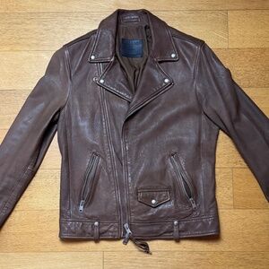 AllSaints Conroy Cognac Brown Lambskin Leather Moto Jacket (Men’s S)